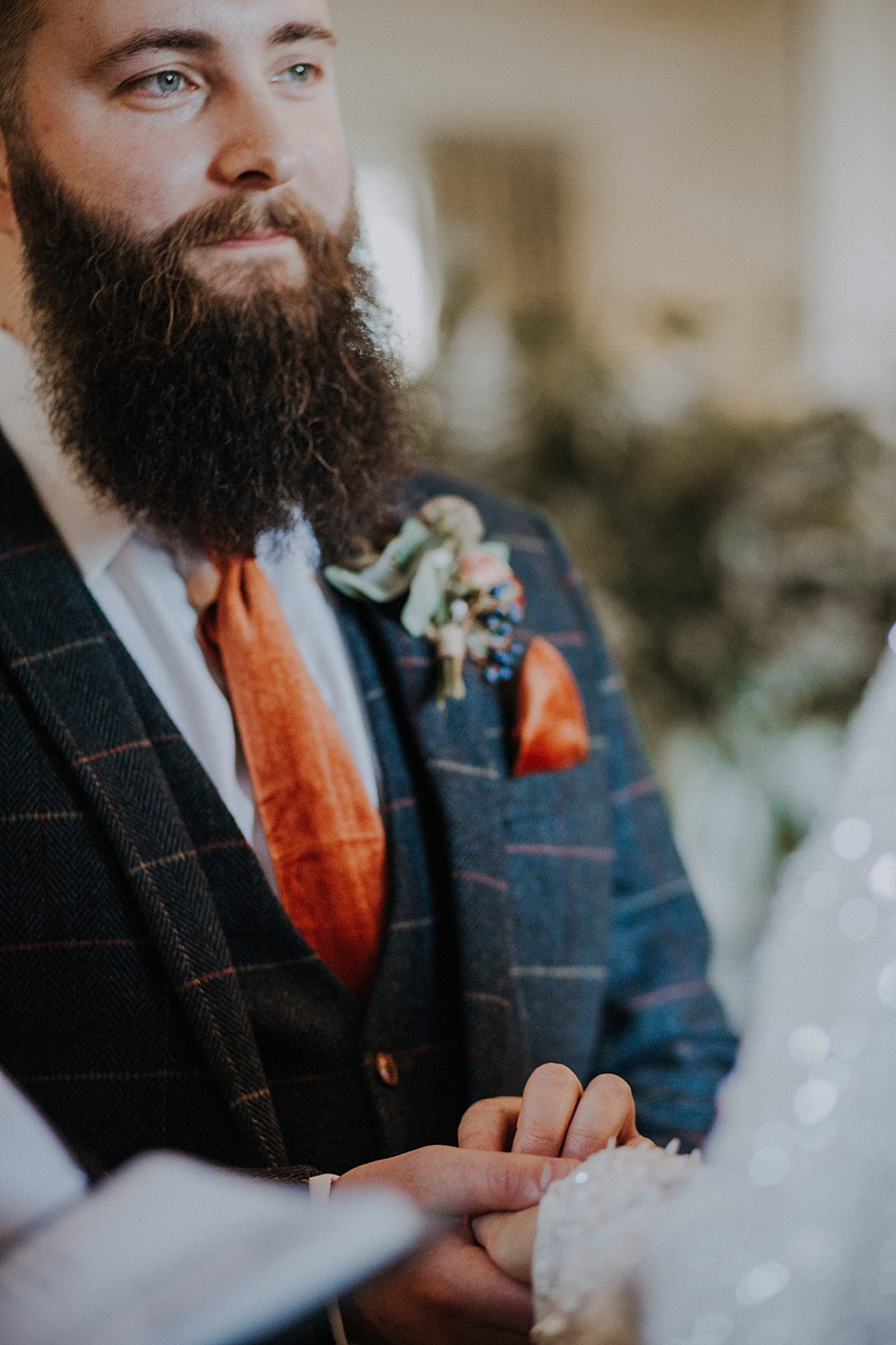 Groom Blue Check Suit Orange Tie Upwey House Wedding Lola Rose Photography