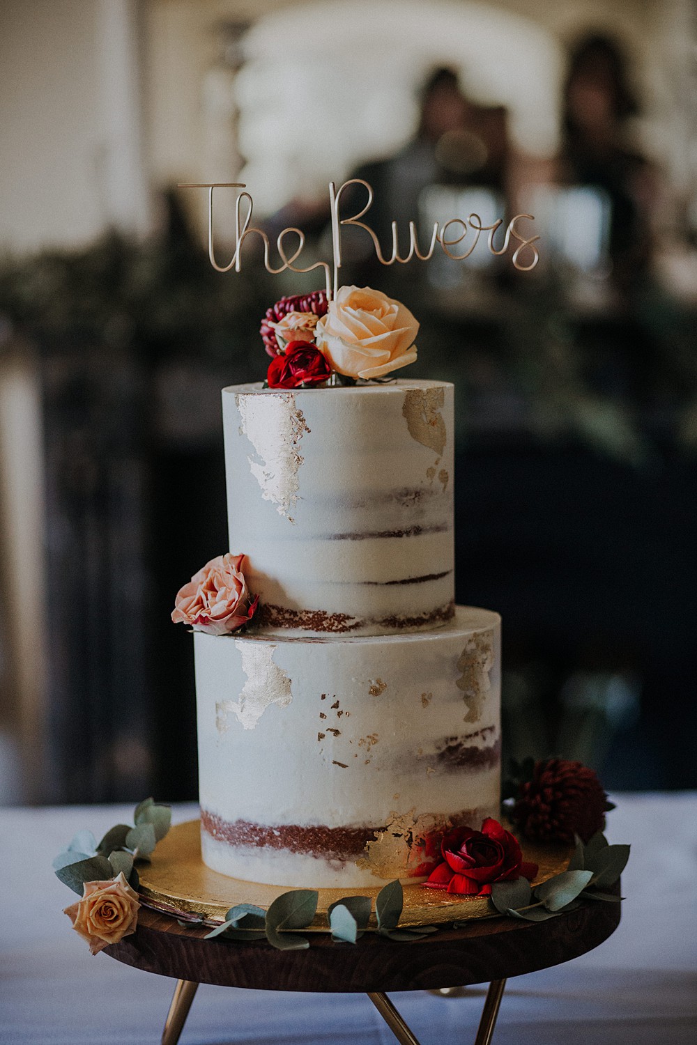 Semi Naked Cake Flowers Gold Leaf Wire Topper Upwey House Wedding Lola Rose Photography