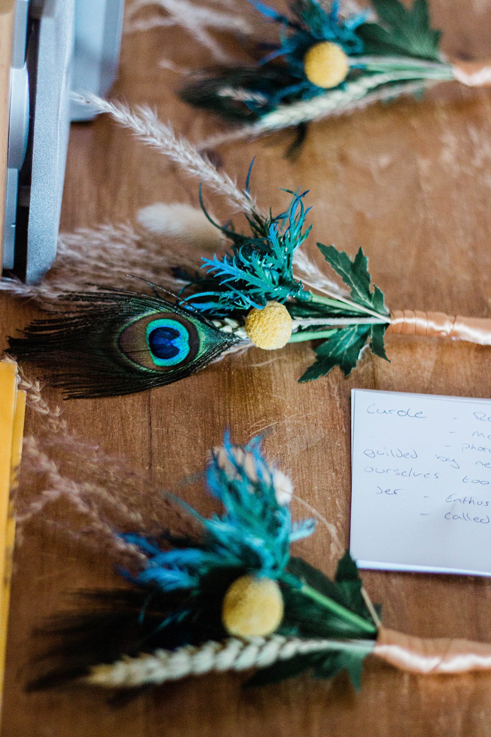 Buttonhole Flowers Peacock Feather Vintage Glamour Wedding Charly Richards Photography