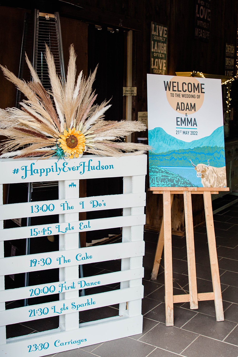 Wooden Pallet Sign Pampas Grass Vintage Glamour Wedding Charly Richards Photography