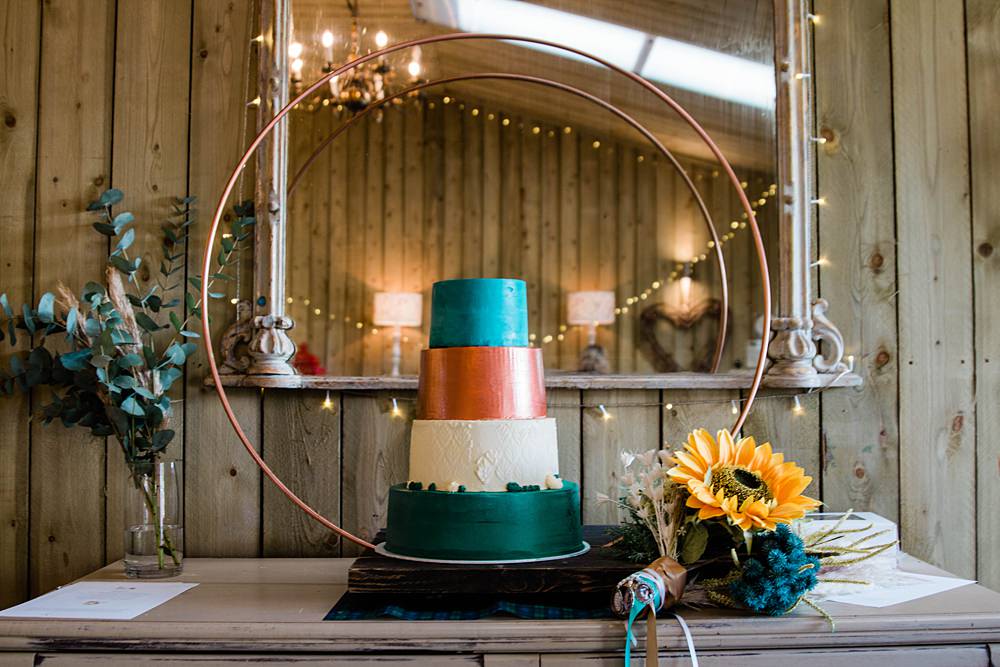 Blue Terracotta Cake Hoop Stand Vintage Glamour Wedding Charly Richards Photography
