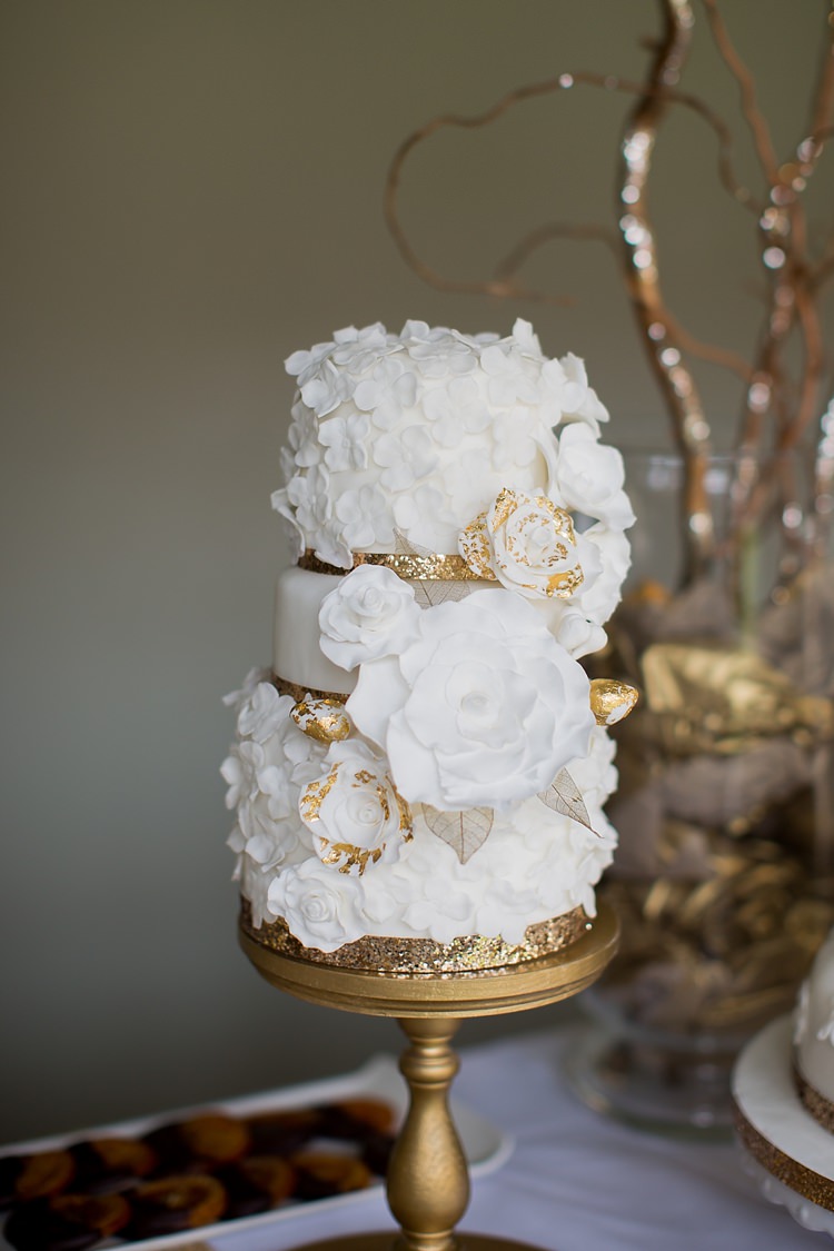 Winter Wedding Cakes White Gold Flowers Katherine Ashdown Photography