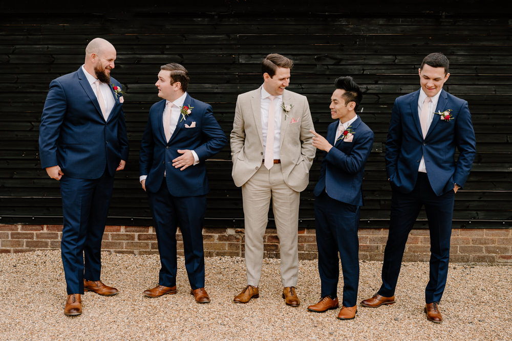 Groom Cream Suit Groomsmen Navy Suits Contemporary Countryside Wedding Steph Kiely Photography