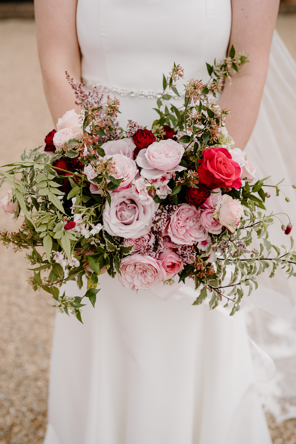 Bouquet Flowers Bride Bridal Pink Rose Red Greenery Contemporary Countryside Wedding Steph Kiely Photography