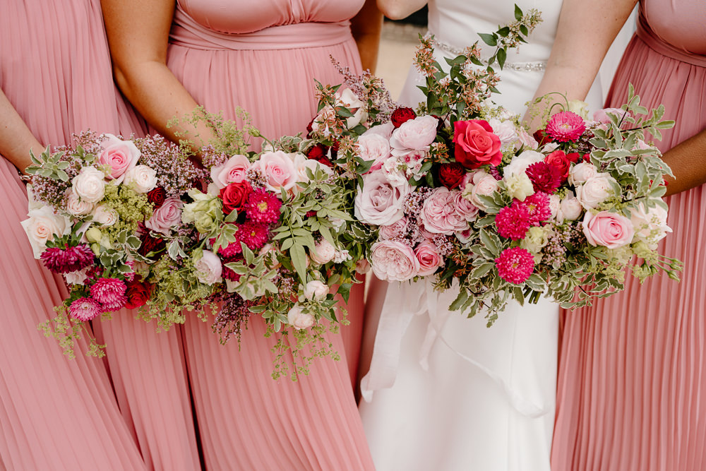 Bouquet Flowers Bride Bridal Pink Rose Red Greenery Contemporary Countryside Wedding Steph Kiely Photography