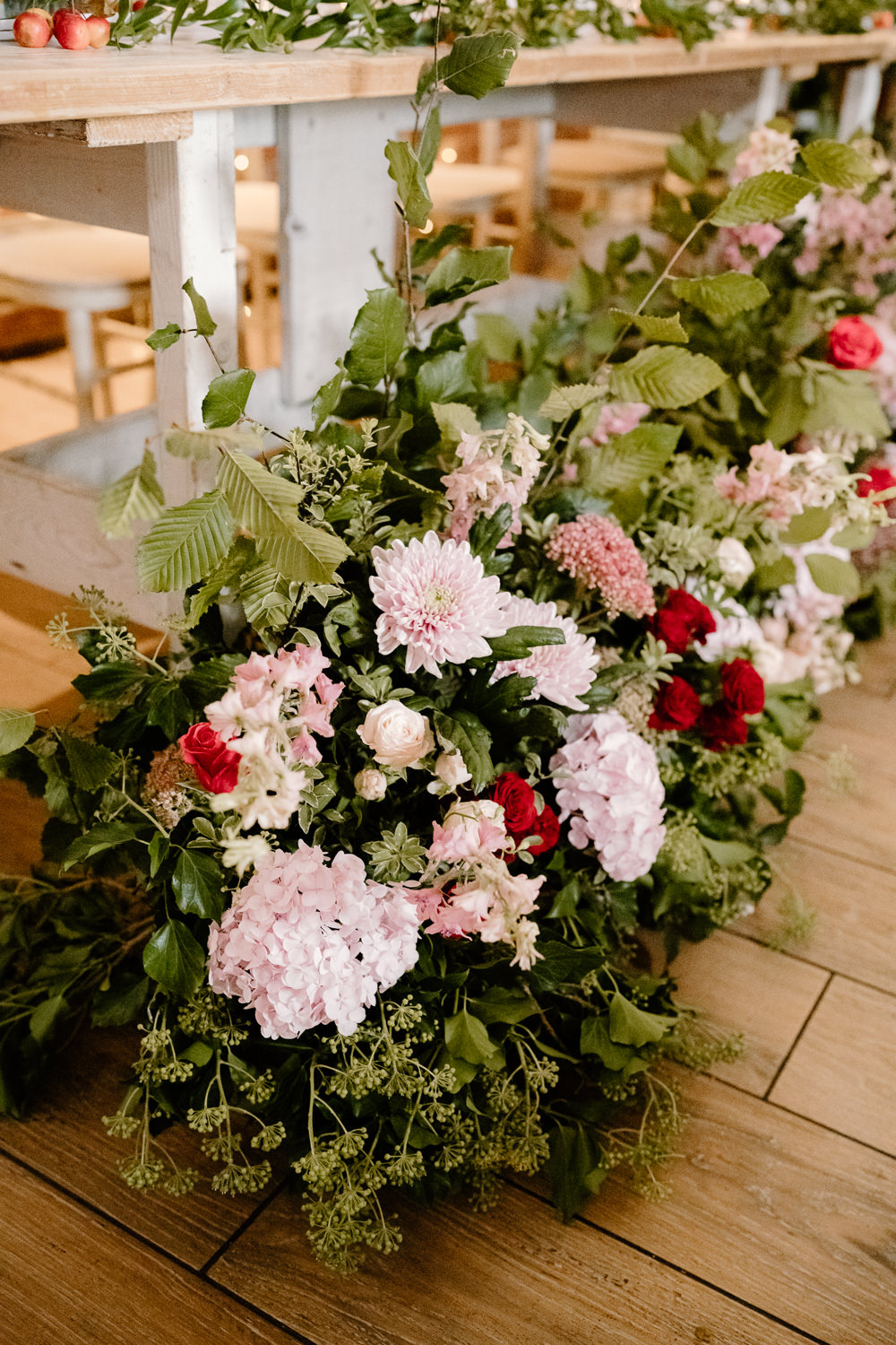 Meadow Flowers Top Table Floor Pink Red Greenery Rose Contemporary Countryside Wedding Steph Kiely Photography