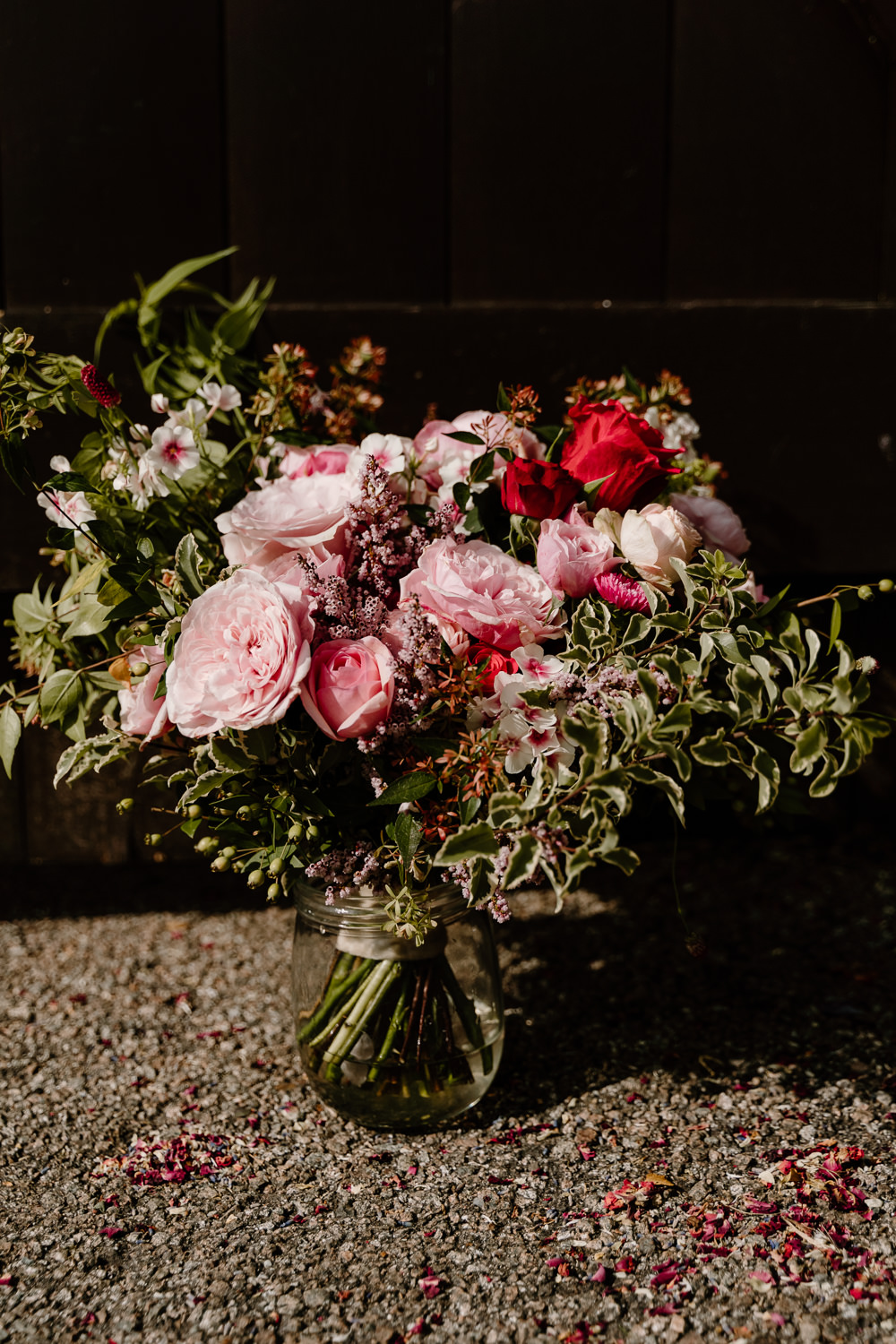 Bouquet Flowers Bride Bridal Pink Rose Red Greenery Contemporary Countryside Wedding Steph Kiely Photography