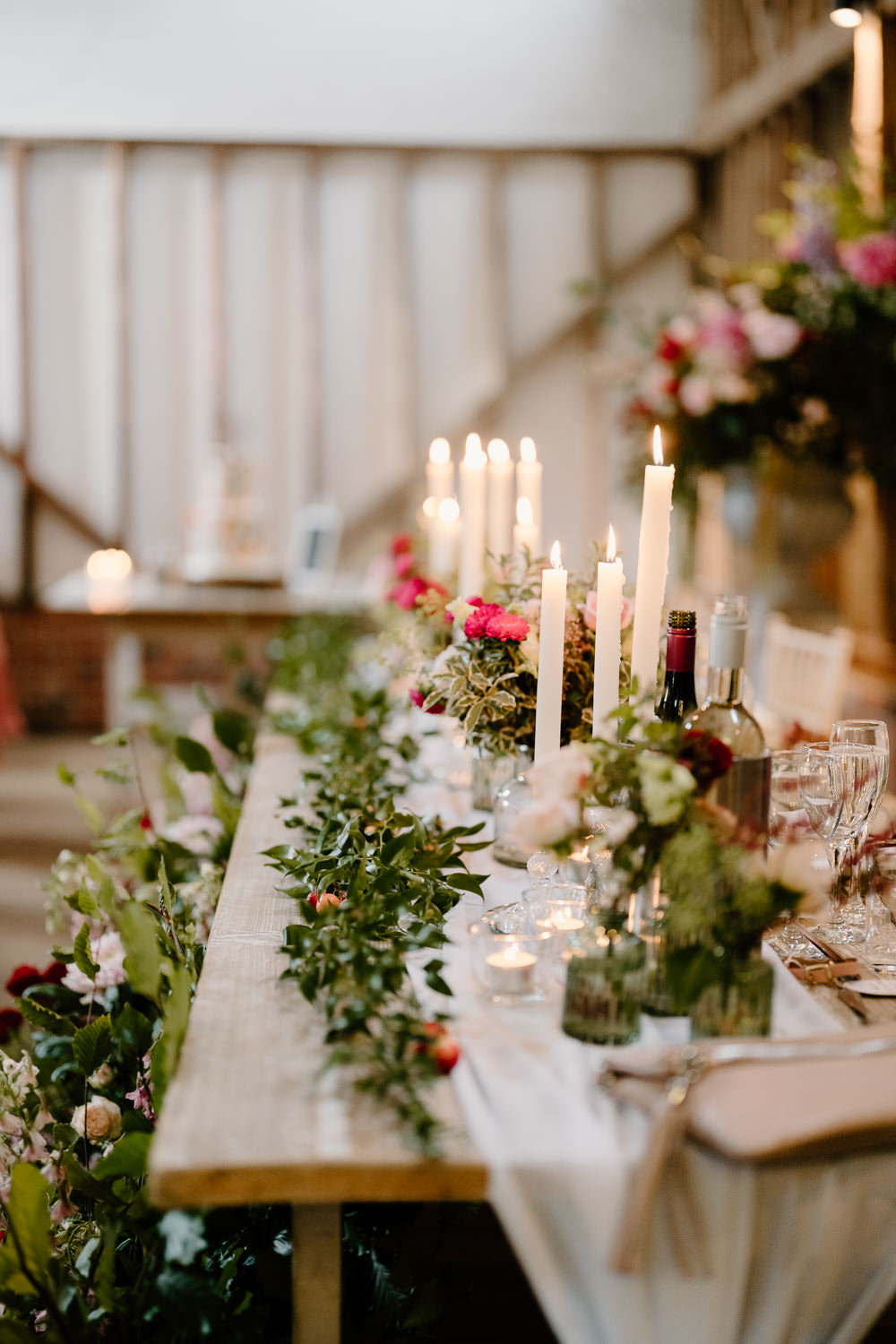 Top Table Decor Candles Greenery Red Pink Flowers Contemporary Countryside Wedding Steph Kiely Photography