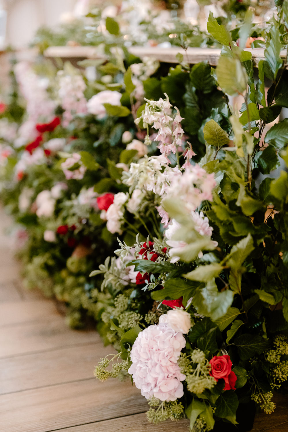 Meadow Flowers Top Table Floor Pink Red Greenery Rose Contemporary Countryside Wedding Steph Kiely Photography