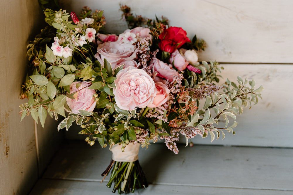 Bouquet Flowers Bride Bridal Pink Rose Red Greenery Contemporary Countryside Wedding Steph Kiely Photography
