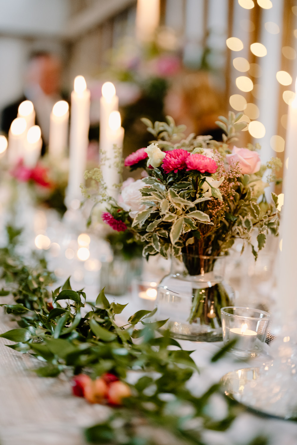 Top Table Decor Candles Greenery Red Pink Flowers Bouquet Contemporary Countryside Wedding Steph Kiely Photography