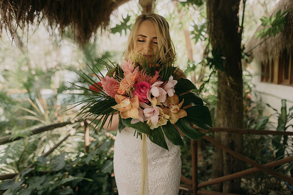 Tropical Bouquet Flowers Orchid Palms Bride Bridal Espacio Chechen Wedding Pablo Laguia