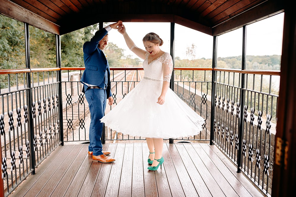 Dress Gown Bride Bridal Short Lace Long Sleeve Tea Length Great Central Railway Wedding EKR Pictures