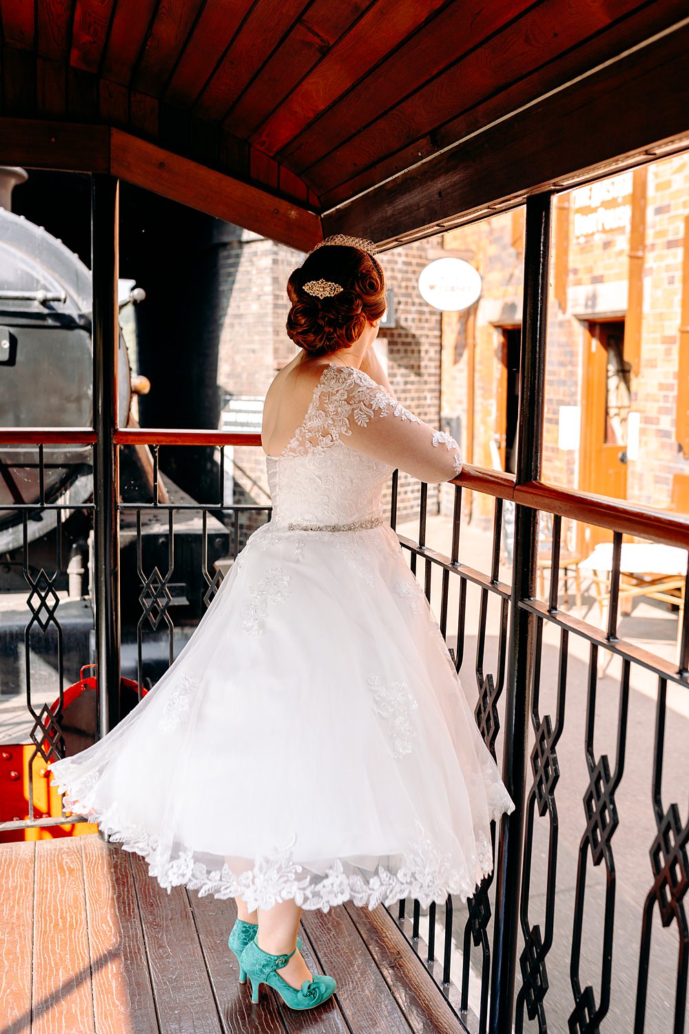 Dress Gown Bride Bridal Short Lace Long Sleeve Tea Length Great Central Railway Wedding EKR Pictures