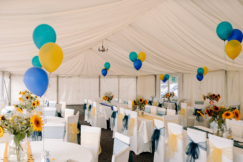 Marquee Yellow Blue Balloons Great Central Railway Wedding EKR Pictures