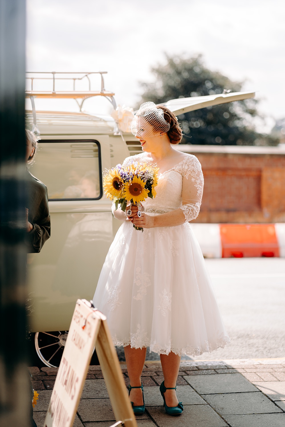 Dress Gown Bride Bridal Short Lace Long Sleeve Tea Length Great Central Railway Wedding EKR Pictures