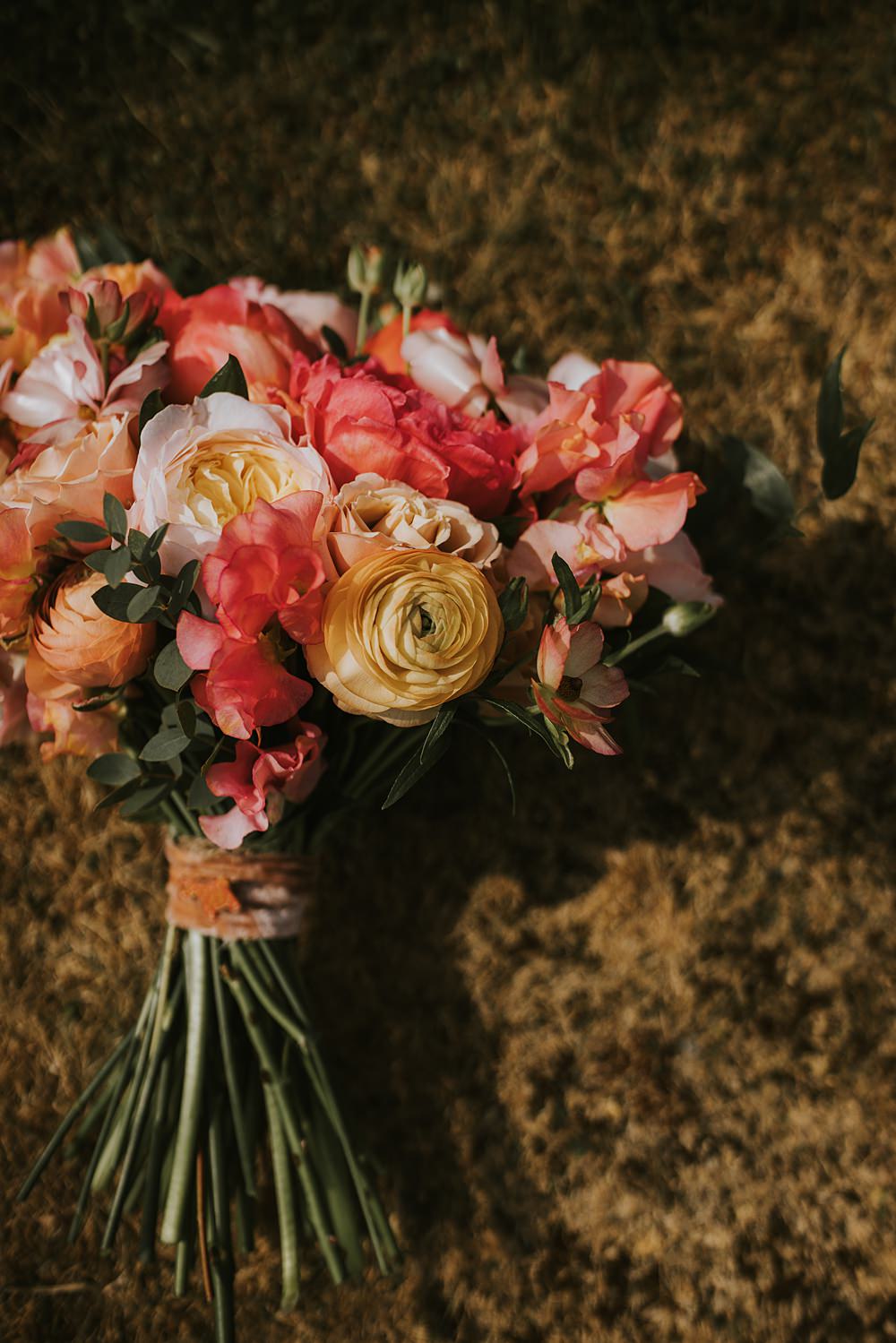 Bouquet Flowers Bride Bridal Pink Yellow Rose Ranunculus Kent Coast Wedding Peter Reynolds Photography
