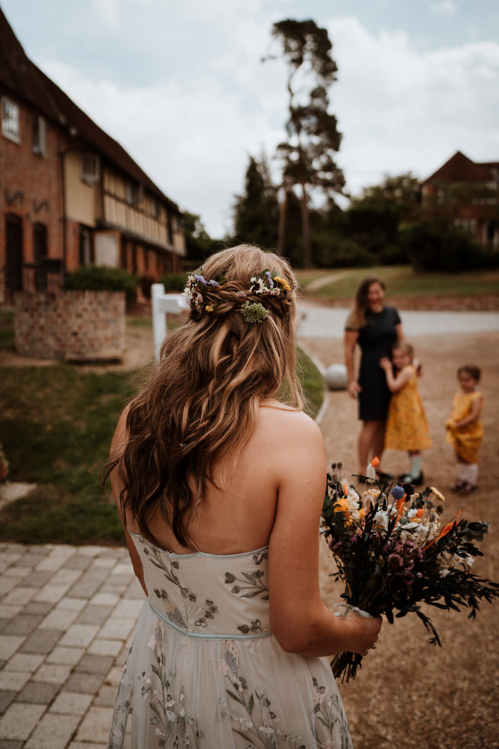 Bride Bridal Hair Half Up Down Flowers Kent Farm Barn Wedding Nicola Dawson Photography