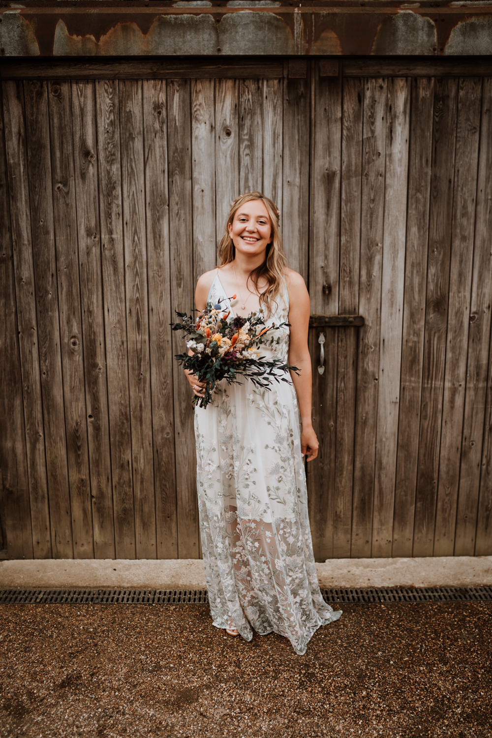 Dress Gown Bride Bridal Sheer Flower Embroidery Kent Farm Barn Wedding Nicola Dawson Photography