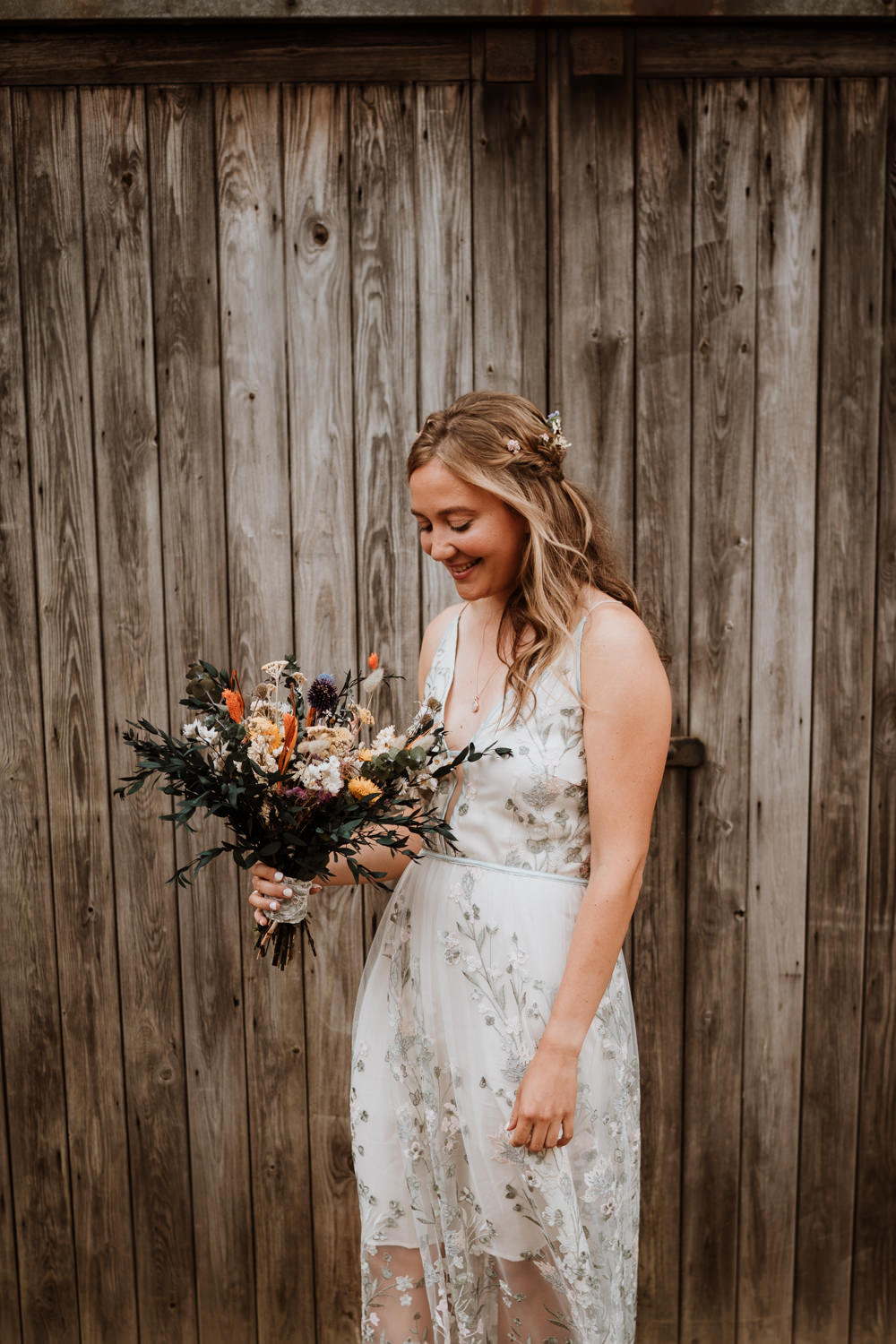 Dress Gown Bride Bridal Sheer Flower Embroidery Kent Farm Barn Wedding Nicola Dawson Photography