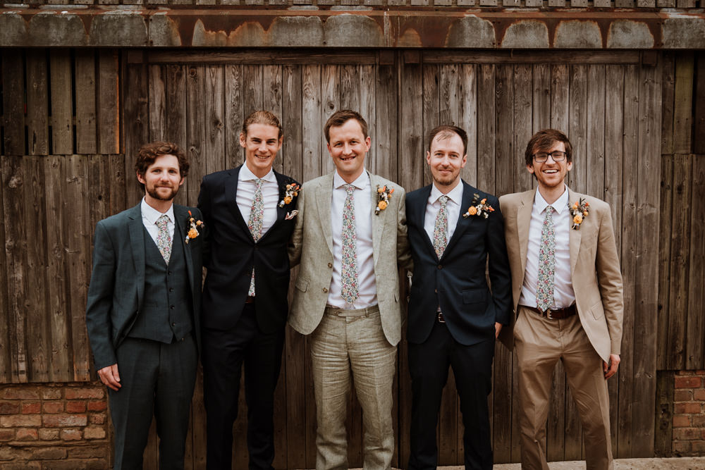 Grey Suit Groom Floral Tie Groomsmen Kent Farm Barn Wedding Nicola Dawson Photography