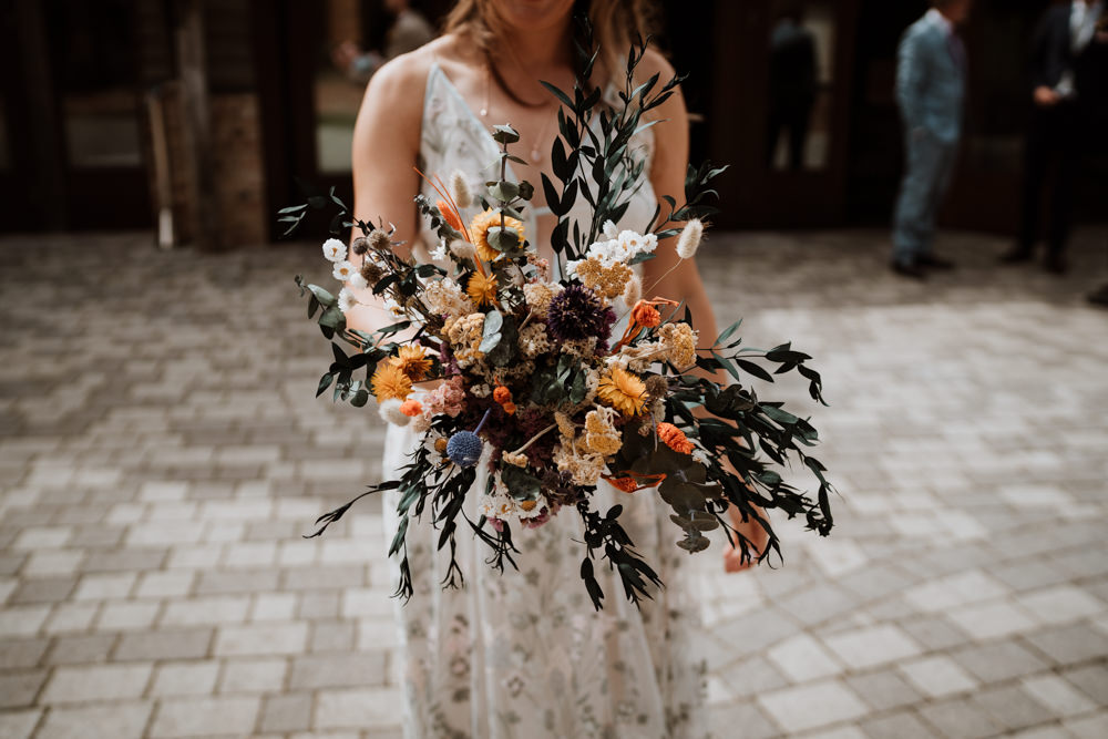 Bouquet Flowers Bride Bridal Yellow Peach Kent Farm Barn Wedding Nicola Dawson Photography