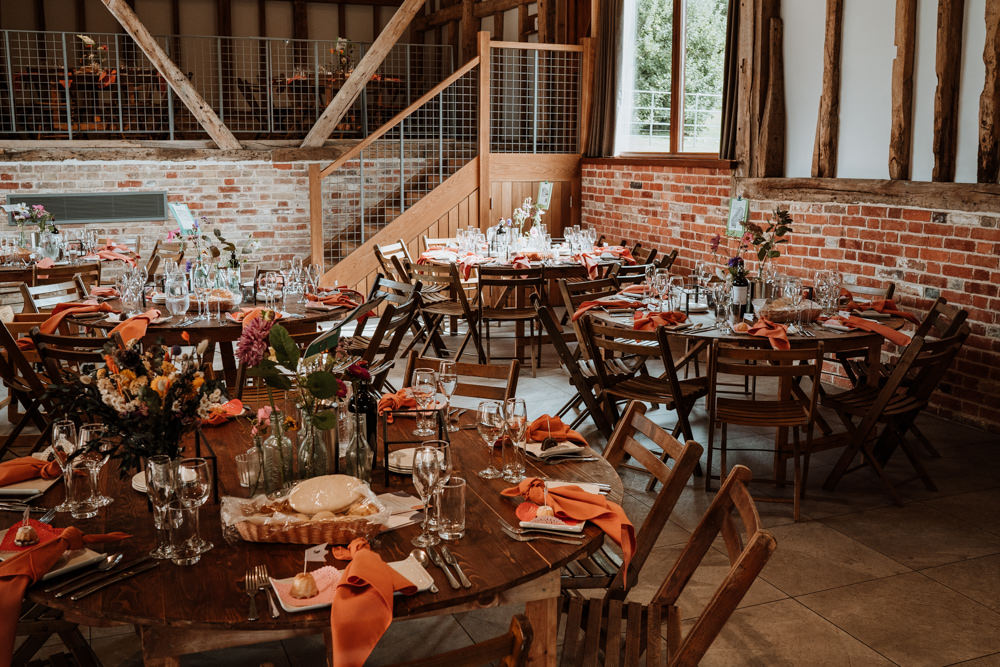 Round Wooden Tables Orange Napkins Decor Kent Farm Barn Wedding Nicola Dawson Photography