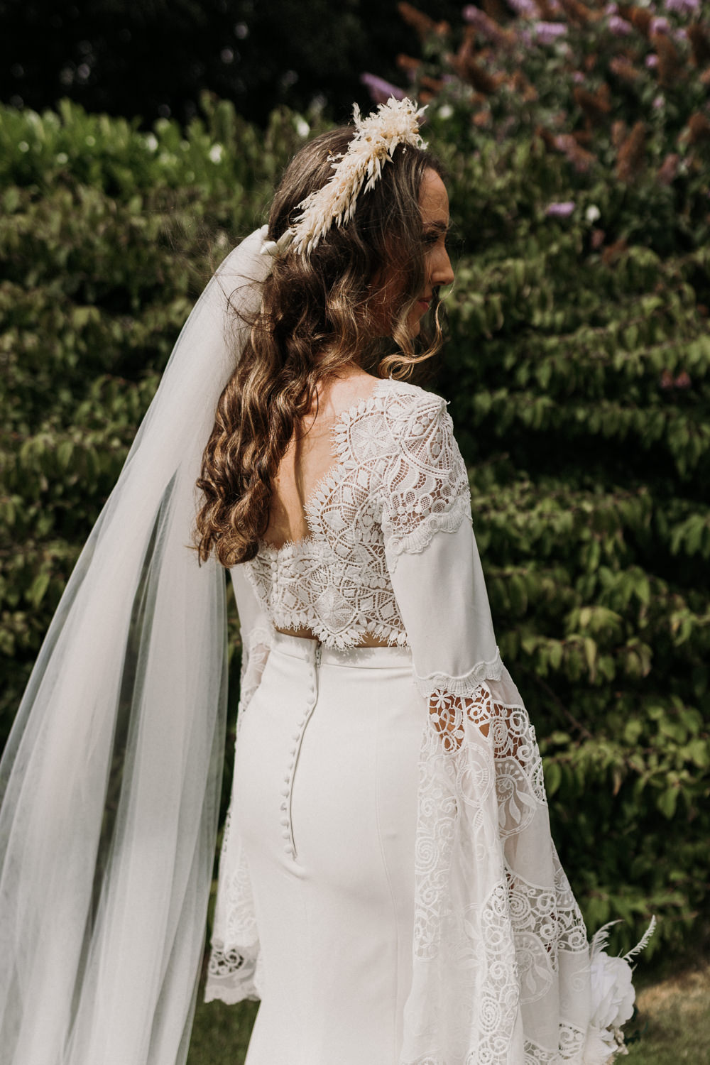 Dress Gown Bride Bridal Boho Lace Long Sleeves Veil La Mon Hotel Spa Wedding Victoria Whiting Photography