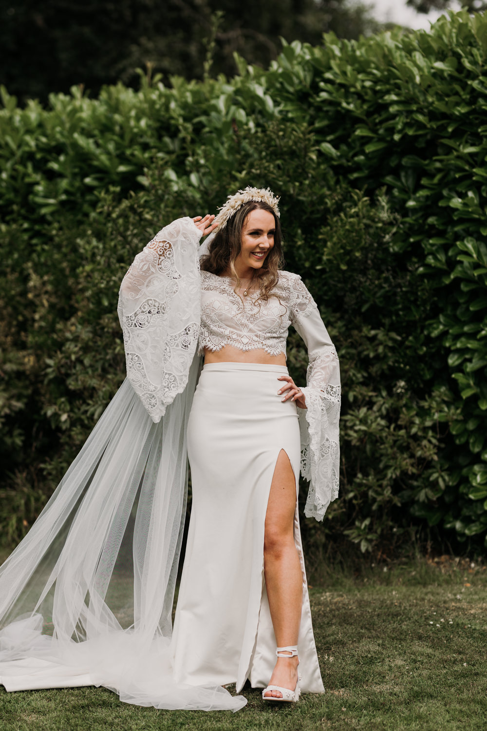 Dress Gown Bride Bridal Boho Lace Long Sleeves Split Skirt La Mon Hotel Spa Wedding Victoria Whiting Photography