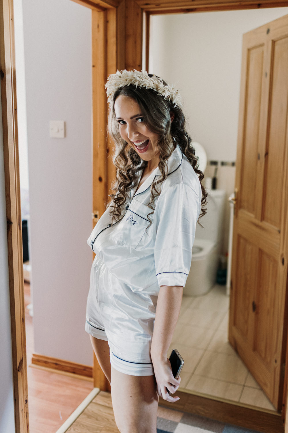 Bride PJs Bride Bridal Hair Waves Gypsophila Flower CrownLa Mon Hotel Spa Wedding Victoria Whiting Photography