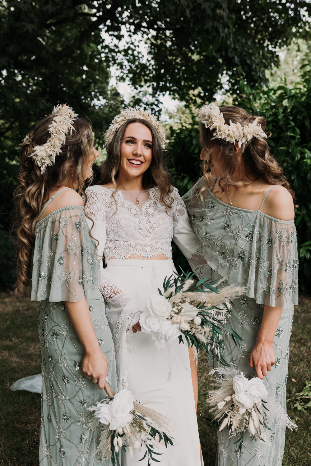 Green Sequin Bridesmaid Dresses Flower Crowns La Mon Hotel Spa Wedding Victoria Whiting Photography