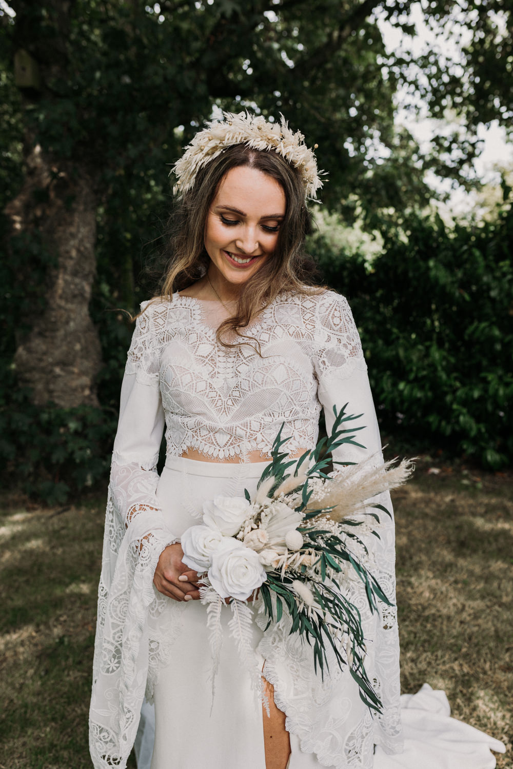 Dress Gown Bride Bridal Boho Lace Long Sleeves Bouquet La Mon Hotel Spa Wedding Victoria Whiting Photography