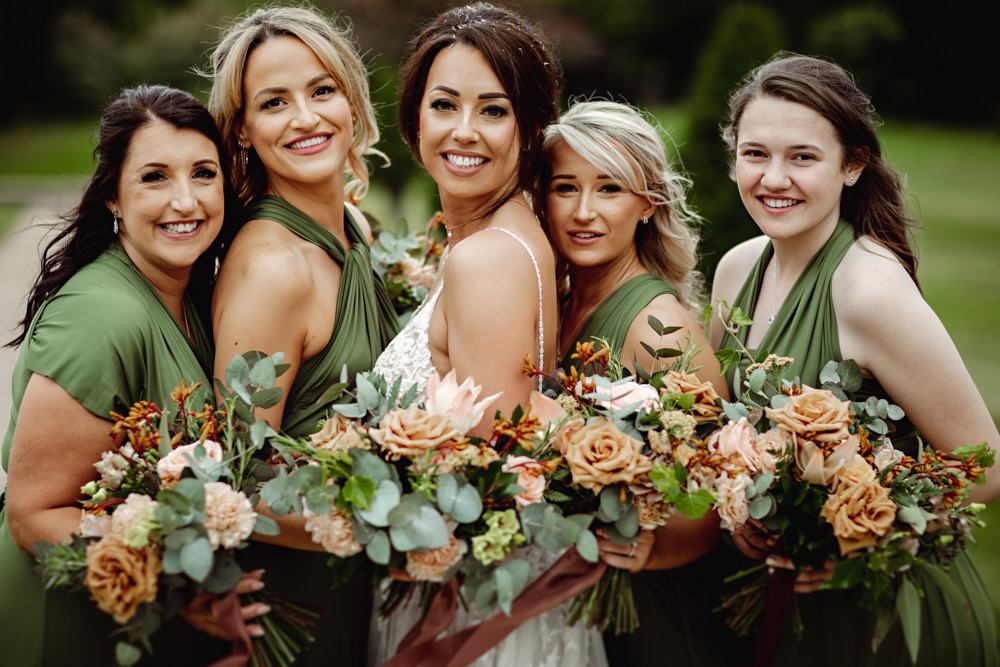 Green Bridesmaid Dresses Orange Bouquets Lincolnshire Country Estate Wedding HBA Photography