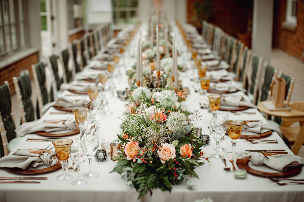Long Table Decor Green Coral Table Flower Runner Tall Candles Lincolnshire Country Estate Wedding HBA Photography