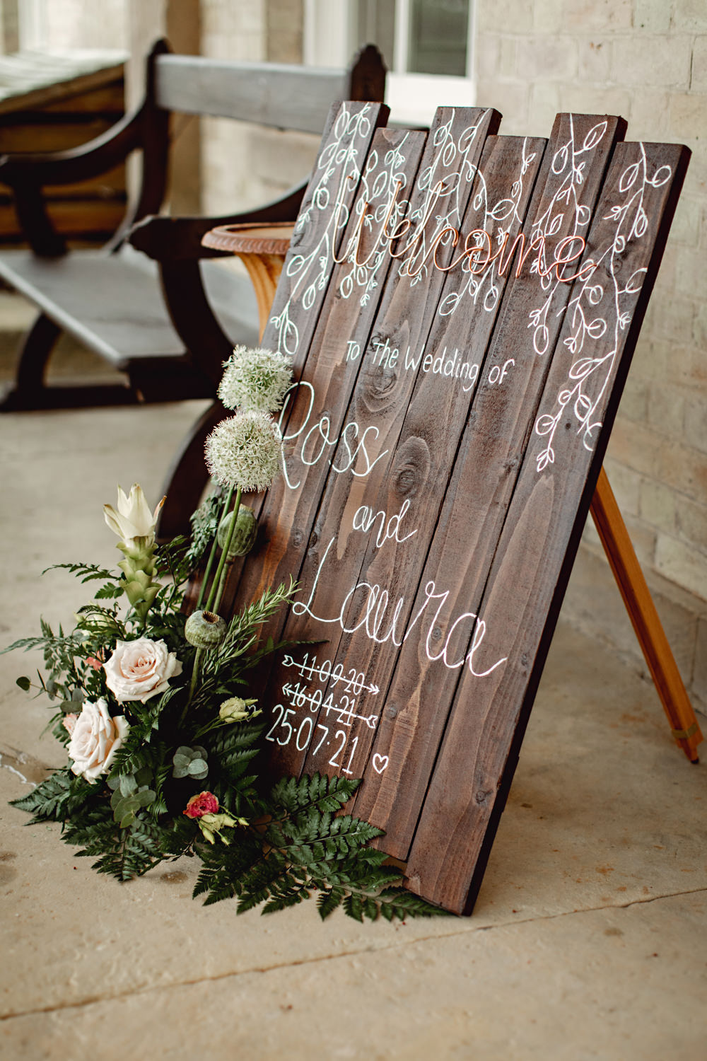 Wooden Sign Welcome Flowers Lincolnshire Country Estate Wedding HBA Photography