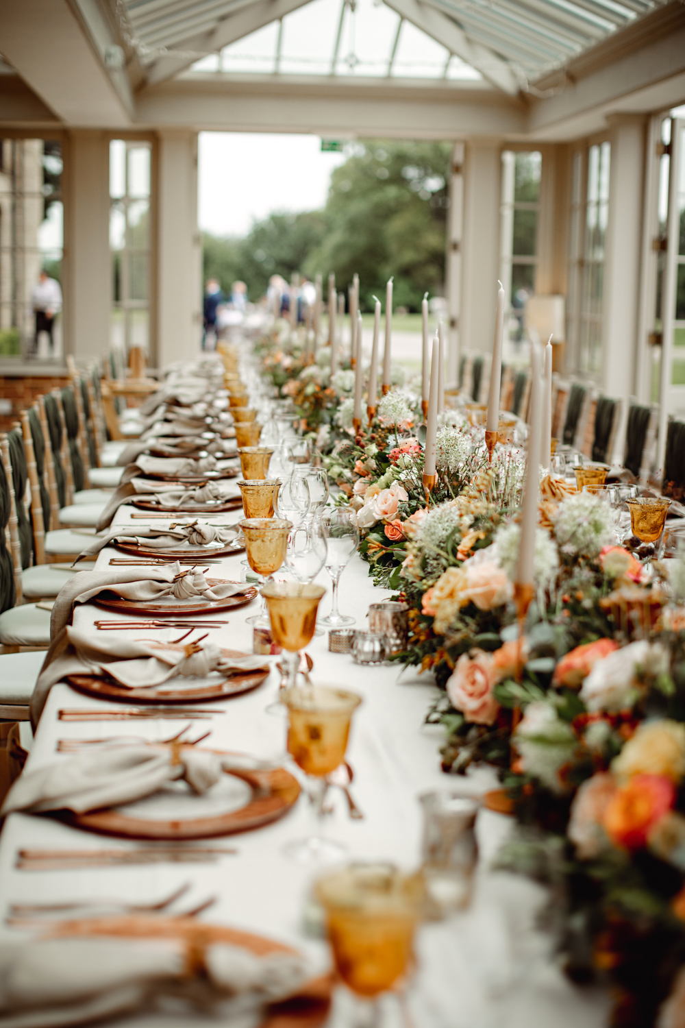 Long Table Decor Green Coral Table Flower Runner Tall Candles Lincolnshire Country Lincolnshire Country Estate Wedding HBA Photography