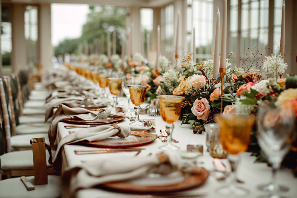 Long Table Decor Green Coral Table Flower Runner Tall Candles Lincolnshire Country Lincolnshire Country Estate Wedding HBA Photography