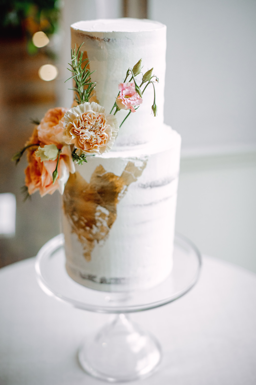 Semi Naked Cake 2 Tier Gold Leaf Flowers Glass Stand Lincolnshire Country Estate Wedding HBA Photography