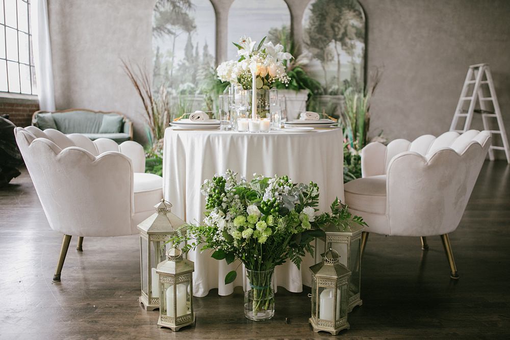 Table Decor Greenery White Botanical Flowers Candles Gold Loft Wedding Ideas Rosetta Li Weddings