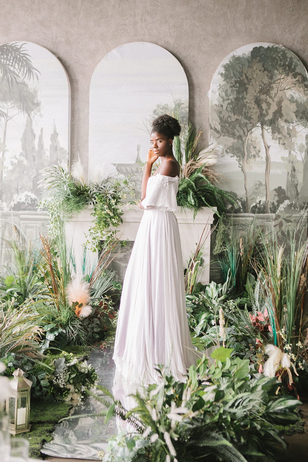 Dress Gown Bride Bridal Off Shoulder Greenery Plants Candles Room Decor Loft Wedding Ideas Rosetta Li Weddings
