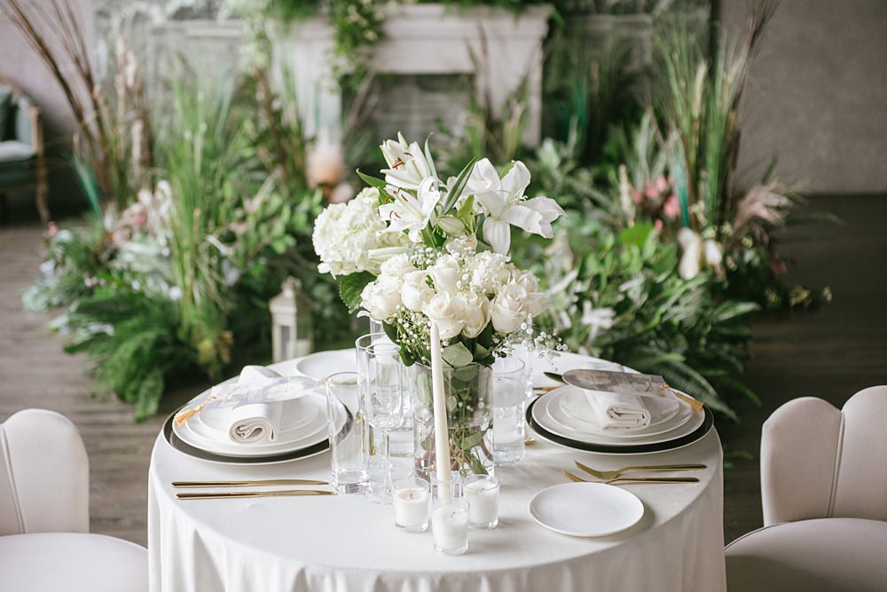 Table Decor Greenery White Botanical Flowers Candles Gold Loft Wedding Ideas Rosetta Li Weddings