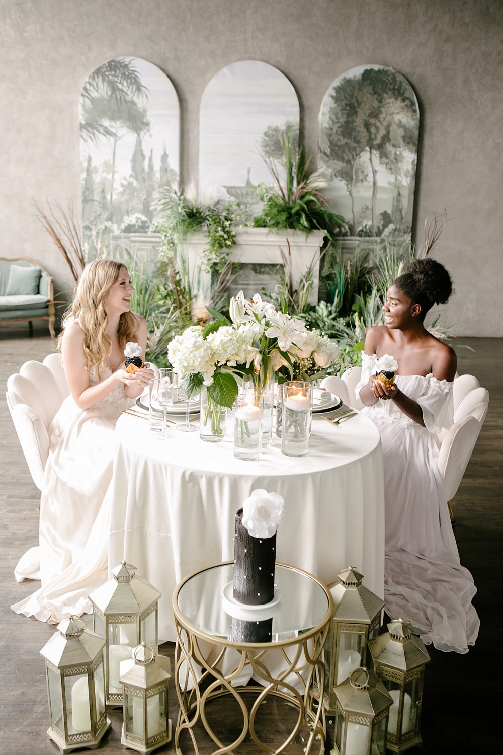Table Decor Greenery White Botanical Flowers Candles Gold Scallop Chairs Loft Wedding Ideas Rosetta Li Weddings