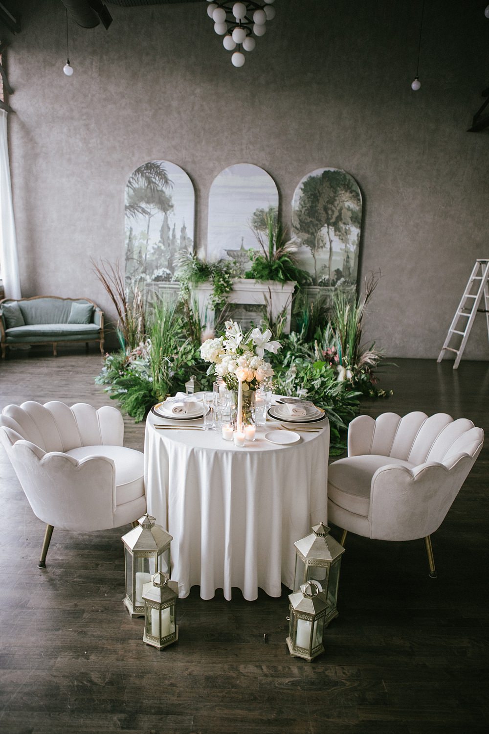 Table Decor Greenery White Botanical Flowers Candles Gold Scallop Chairs Loft Wedding Ideas Rosetta Li Weddings