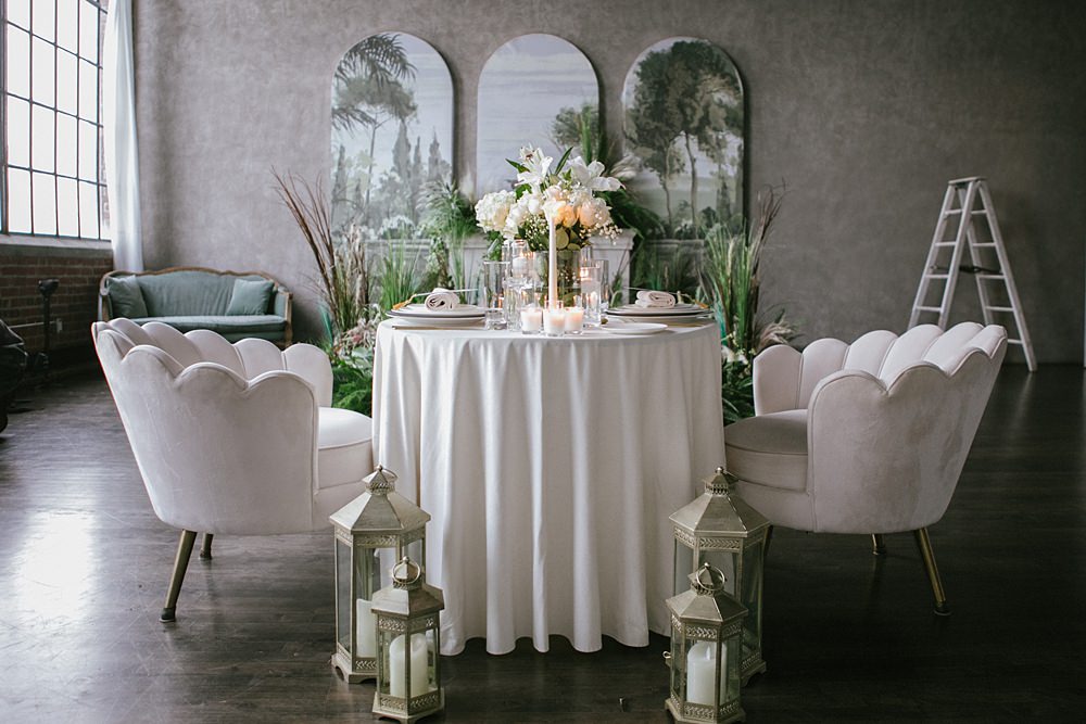 Table Decor Greenery White Botanical Flowers Candles Gold Scallop Chairs Loft Wedding Ideas Rosetta Li Weddings