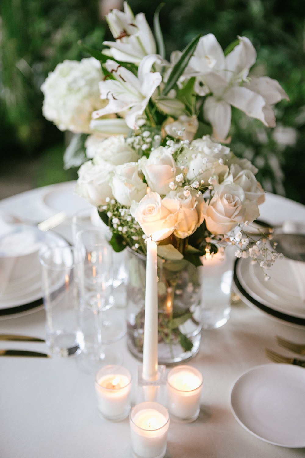 Lily Rose Gypsophila Table Decor Greenery White Botanical Flowers Candles Gold Loft Wedding Ideas Rosetta Li Weddings