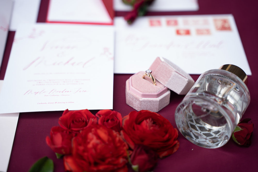Red Rose Wedding Ideas Brandon and Serena Photography Pink Velvet Ring Box