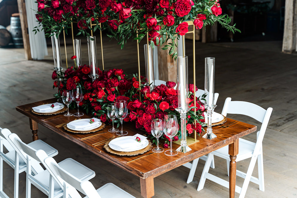 Flower Arrangement Centrepiece Tall Table Decor Red Rose Wedding Ideas Brandon and Serena Photography