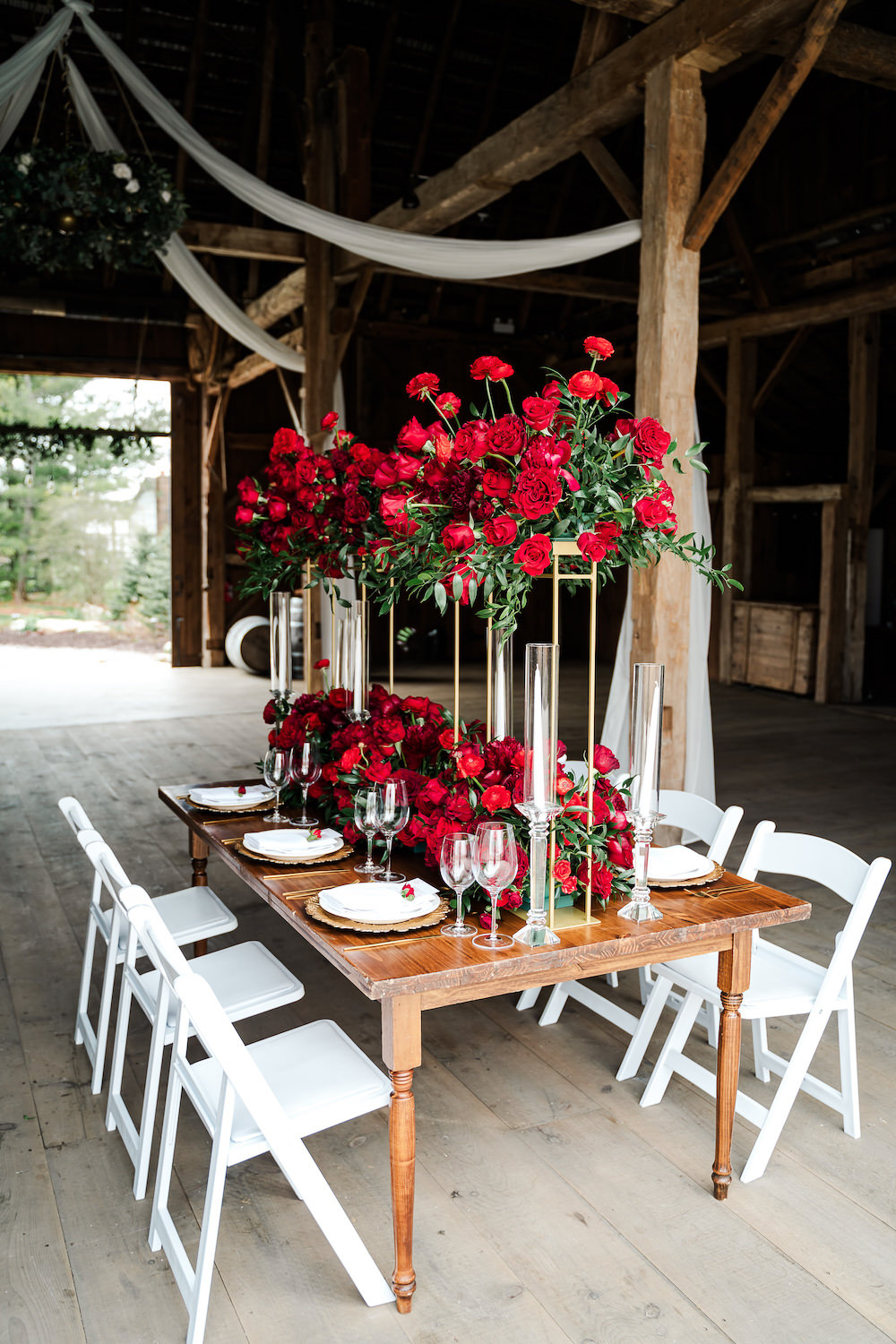 Flower Arrangement Centrepiece Tall Table Decor Red Rose Wedding Ideas Brandon and Serena Photography