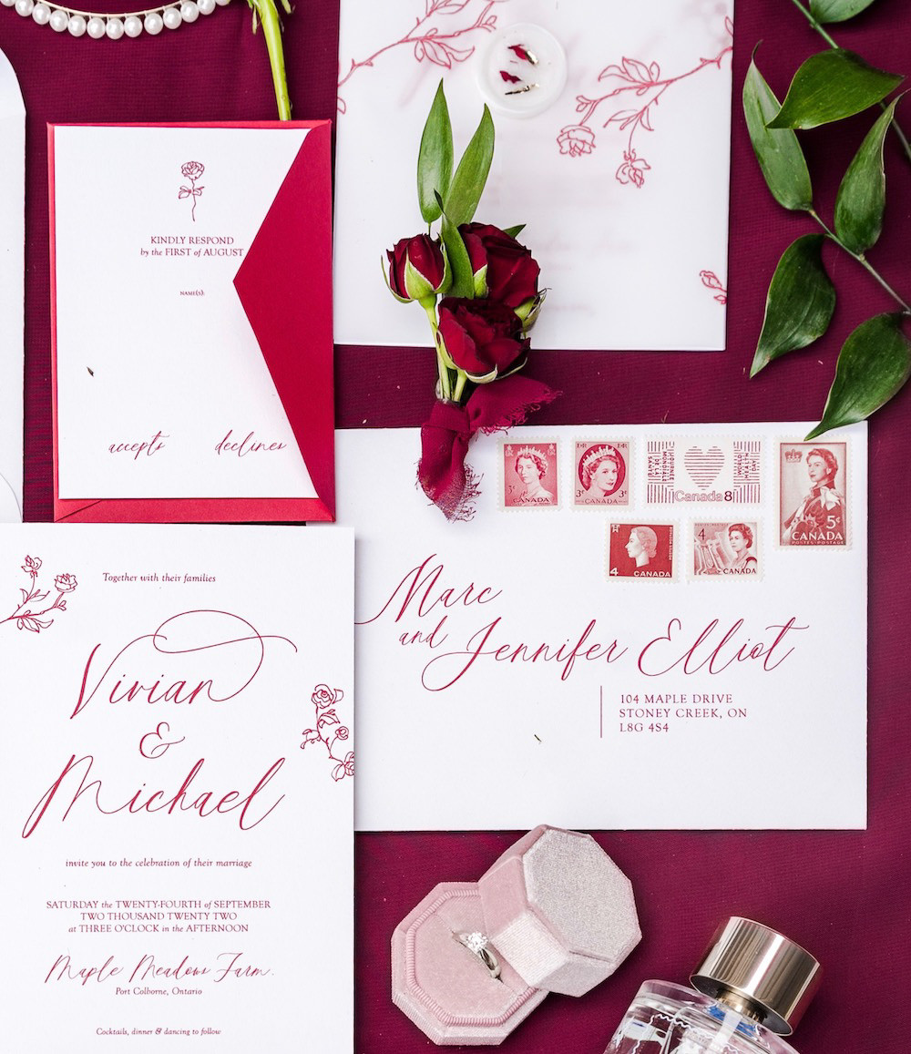 Envelope Stamps Calligraphy Stationery Invites Red Rose Wedding Ideas Brandon and Serena Photography