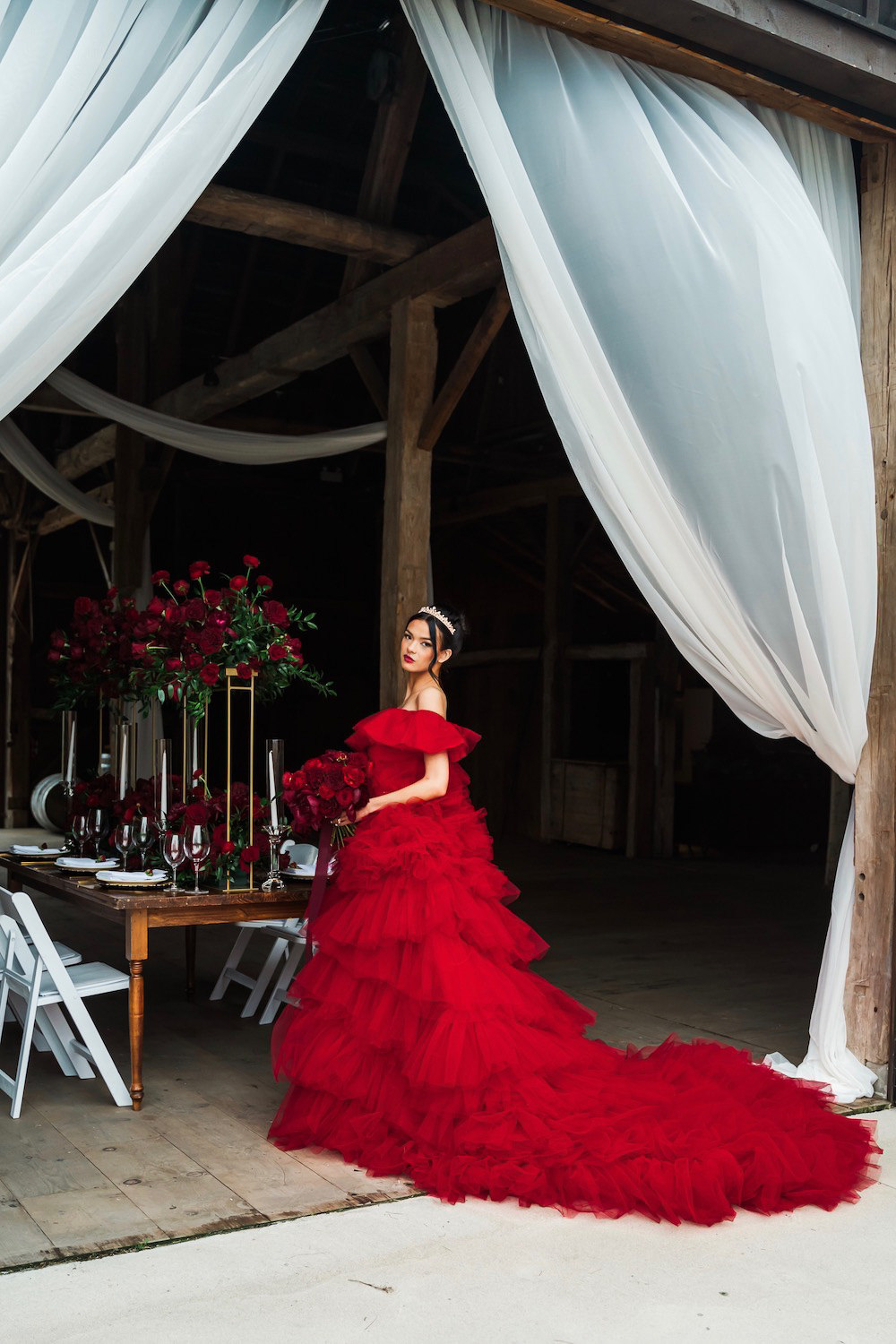 Ruffle Dress Gown Bride Bridal Red Rose Wedding Ideas Brandon and Serena Photography